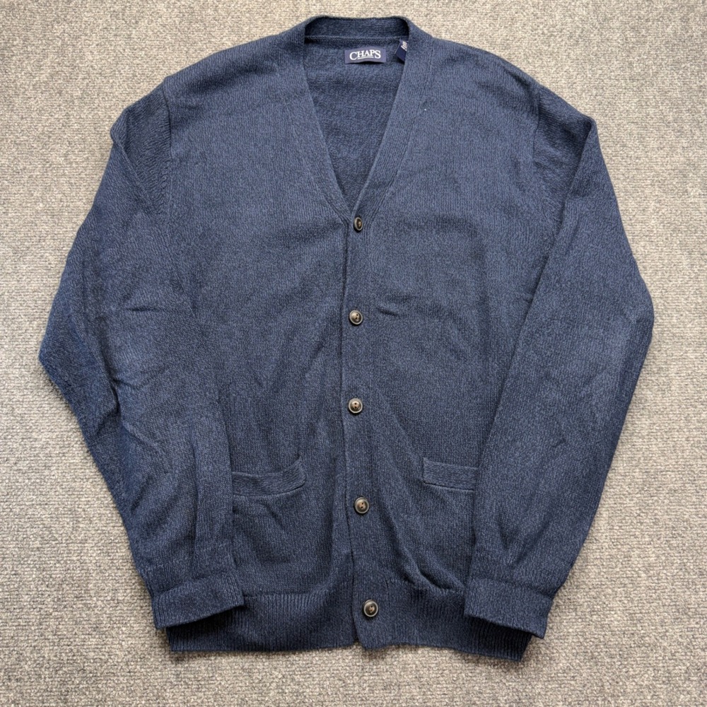 Chaps Mens Navy Blue Cotton V-Neck Button Front Cardigan Sweater Large